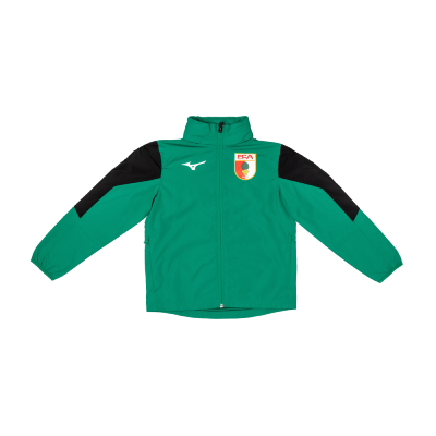FCA Trainings-Regenjacke in grün mit schwarzen Schultern, farbigem FCA Wappen auf der linken Brust und weißem Mizuno Logo auf der rechten Brust für Kinder 