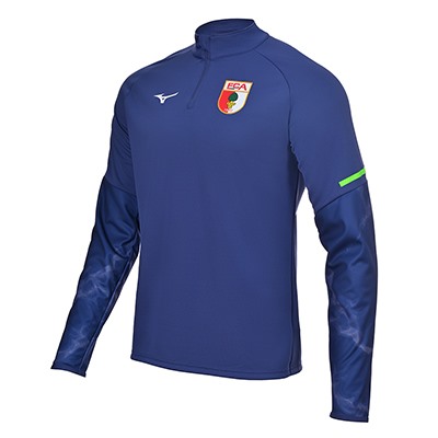 Frontalansicht eines lila Halfzip mit FCA-Wappen auf der linken Brust
